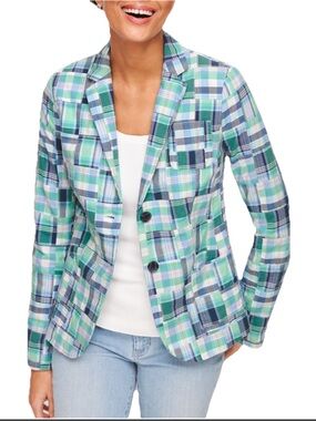 Talbots Summer Blazer Size 4 Madras Plaid Patchwork 100% Cotton Coastal Preppy